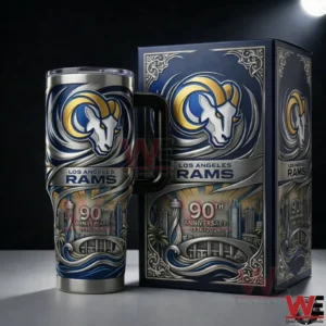 A luxury Los Angeles Rams tumbler and collector box with a detailed ram logo artistic blue gold styling and anniversary inspired artwork on a studio background!