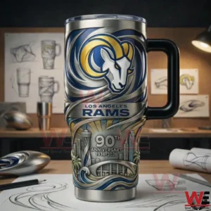 A detailed Los Angeles Rams tumbler displayed on a creative desk showing premium finishes bold team logo and carefully illustrated anniversary design elements!