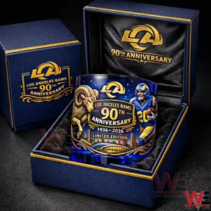 Los Angeles Rams 90th Anniversary whiskey glass 4 A commemorative Los Angeles Rams whiskey glass with anniversary artwork presented in a luxury blue and gold gift box!