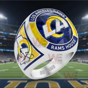 Los Angeles Rams ring with sparkling LA logo top and Rams House text in blue and gold shown in a stadium setting with Go Rams engraving inside!