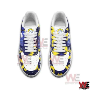 Top view of Los Angeles Rams themed sneakers with blue yellow and white design!