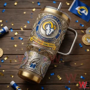 Los Angeles Rams NFC Champions Whose House Rams House Yeti 40oz Tumbler 5 An insulated tumbler with Los Angeles Rams NFC Champions emblem resting on wood with scattered confetti and ornate gold details!