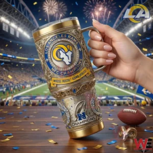 Los Angeles Rams NFC Champions Whose House Rams House Yeti 40oz Tumbler 6 A hand holding a Los Angeles Rams NFC Champions tumbler inside a football stadium with fireworks confetti and game day energy!