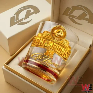 Los Angeles Rams NFC Champions whiskey glass placed inside a premium gift box with gold logo details!
