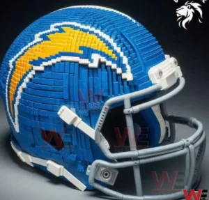Los Angeles Rams NFL Helmet Building Blocks Set 3 A close up of a blue and yellow Los Angeles Rams football helmet assembled from building blocks on a dark background!
