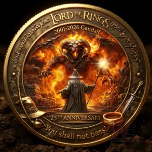 Lord of the Rings commemorative coin with gold rim showing Gandalf facing a fiery horned demon anniversary text years two thousand one to two thousand twenty six decorative hat sword and ring elements and the phrase you shall not pass!