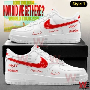 White custom Air Force One inspired shoes with red swoosh and Louis Tomlinson tour themed details!
