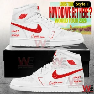 White high top sneaker with red accents and custom name inspired by a world tour design!