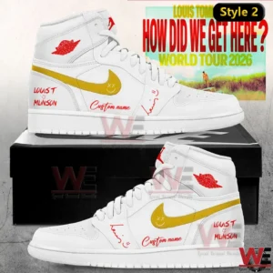 White high top sneaker with gold accents and custom name world tour style!