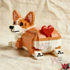 Brick built corgi dog model with a red heart decoration detailed ears paws and a relaxed lying pose!