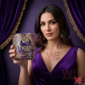 Woman holding an LSU Tigers whiskey glass in a purple themed setting!