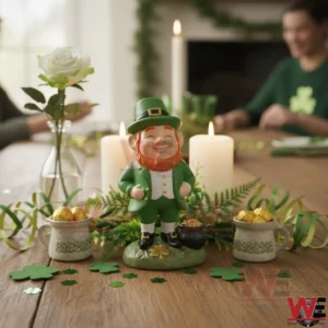 Smiling leprechaun figurine centerpiece on a wooden table with shamrocks, candles, a white rose, and gold candies!