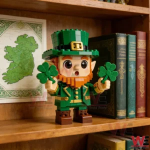 Green brick leprechaun figurine holding two shamrocks on a wooden bookshelf with books and an Ireland map in the background!