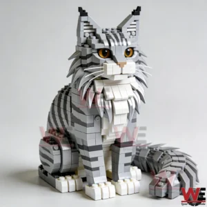 Maine Coon Cat Building Brick Cats 4 Maine Coon cat building brick figure standing beside its Brick Cats Series box on a white surface!