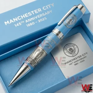 Blue commemorative pen with silver accents placed in a presentation box with football club anniversary branding!