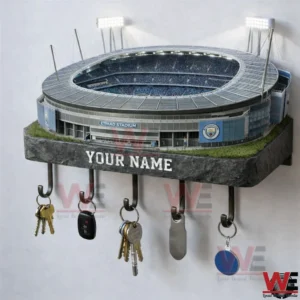 Wall mounted stadium key holder with hanging keys and a custom name display!