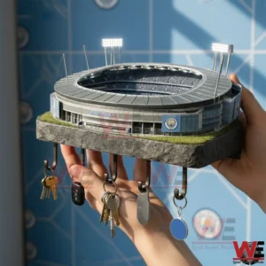 Hands holding a stadium style wall key holder with keys hanging underneath!