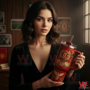 A woman holds a red Manchester United themed insulated tumbler with ornate gold design inside a cozy room!