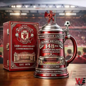 Manchester United one hundred forty eighth anniversary commemorative beer stein with club crest and Old Trafford design!