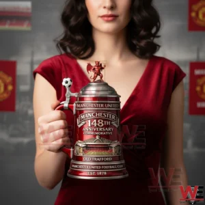Manchester United 148th Anniversary Commemorative Stein 3 Woman holding Manchester United one hundred forty eighth anniversary commemorative beer stein!