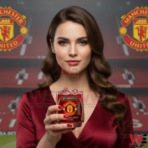 Attractive woman holding a red Manchester United anniversary glass with club logos visible in the stadium background!