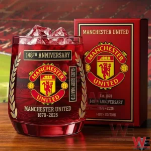 Manchester United 1878-2026 148th Edition Glass 3 Red Manchester United anniversary glass with club crest and commemorative design displayed on a wooden table!