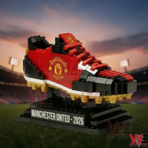 Manchester United 2026 Soccer & Football Boots Building Blocks Set 4 A building block soccer boot themed around Manchester United shown on a stand with a stadium background!