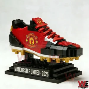Manchester United 2026 Soccer & Football Boots Building Blocks Set 5 A side profile of a Manchester United soccer boot model constructed from building blocks and displayed on a stand!
