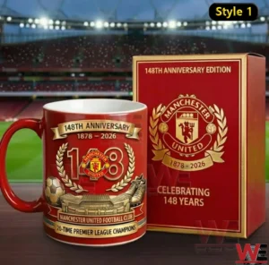 The image presents a Manchester United themed mug and gift box designed to honor many years of club tradition and success!