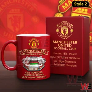 The image presents a Manchester United themed ceramic mug and presentation box emphasizing tradition success and fan identity!