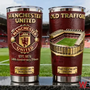Two Manchester United inspired tumblers with red and gold design club crest Old Trafford stadium artwork metallic base and football field background!