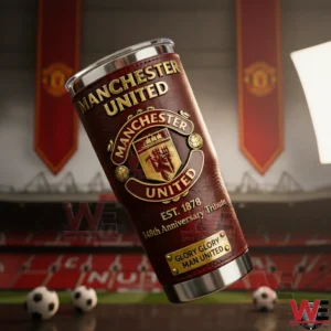 A close view of a Manchester United themed tumbler held in a hand with stadium background red leather finish gold club crest and dramatic football atmosphere!