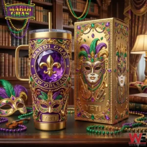 A Mardi Gras New Orleans insulated tumbler and presentation box displayed in a festive decorative environment!