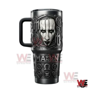 Black insulated tumbler with handle featuring a Marilyn Manson portrait and gothic symbols displayed on a white background!
