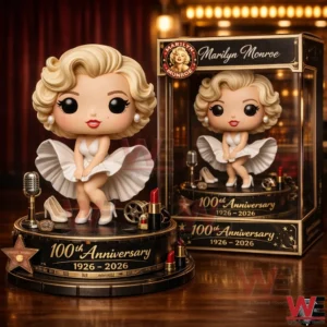 Collectible Marilyn Monroe style figure in a white dress on a 100th anniversary base with vintage accessories and display box in a warm stage setting!