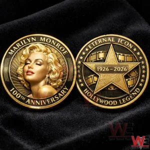 Gold commemorative coin featuring a classic portrait of Marilyn Monroe with an anniversary theme!