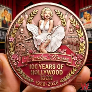 Close up view of a decorative Hollywood themed commemorative coin with an iconic actress design ornate floral accents cinematic symbols and a luxurious classic style presented in a realistic hand held display!