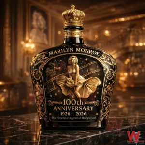Black and gold whiskey bottle featuring Marilyn Monroe artwork displayed in an elegant classic setting!