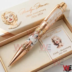Rose gold collector pen with Marilyn Monroe illustrations and engraved accents resting inside an anniversary gift box with matching Marilyn Monroe branding!