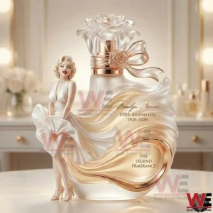 Marilyn Monroe inspired anniversary perfume bottle with sculpted glass floral stopper and iconic feminine silhouette displayed on a vanity table!