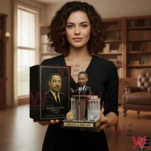 A woman stands indoors holding a boxed collectible figure with a podium base and symbolic design elements!