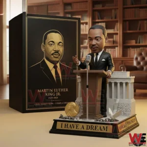 A close up of a collectible figure at a podium with a display box and symbolic accessories!