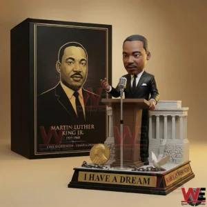 A collectible figure displayed with a podium base and decorative box in a minimal background!