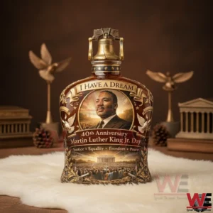 A decorative whiskey bottle with a civil rights themed label resting in a warm elegant studio setting!