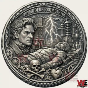 A close view of a gothic style commemorative coin depicting Victor Frankenstein his monster laboratory equipment lightning bolts gears a skull and a dark dramatic atmosphere!