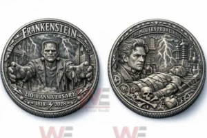 A paired view of a Frankenstein themed commemorative coin showing the monster on one side and Victor Frankenstein with laboratory imagery on the other side!