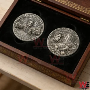 A wooden case opened to reveal two gothic Frankenstein commemorative coins resting on black velvet inside!