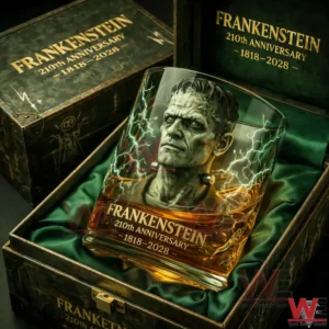 A Frankenstein anniversary whiskey glass displayed in a decorative box with gothic presentation style!