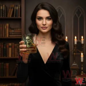 A woman holding a Frankenstein whiskey glass in a candlelit library environment with gothic mood!