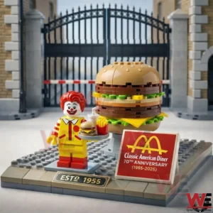 Building block McDonalds diner display with mascot figure and large burger model on a base!